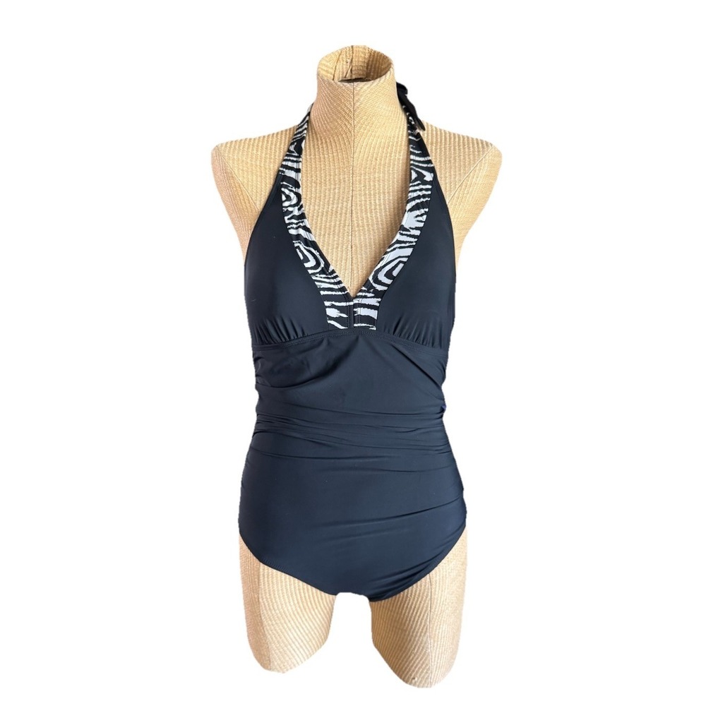 Assets by Spanx Swim Suit One Piece- Black Halter With Zebra Print Trim Size Med
